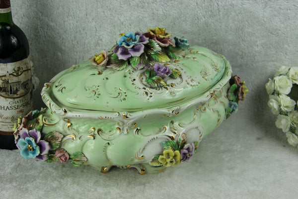Huge italian Majolica centerpiece lidded bowl relief flowers