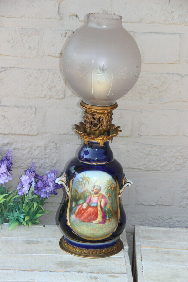 Antique French bayeux porcelain sultan portrait floral table lamp