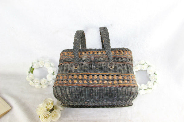 Antique Victorian Basket carry picknick with Handles marked Van Oye bruxelles