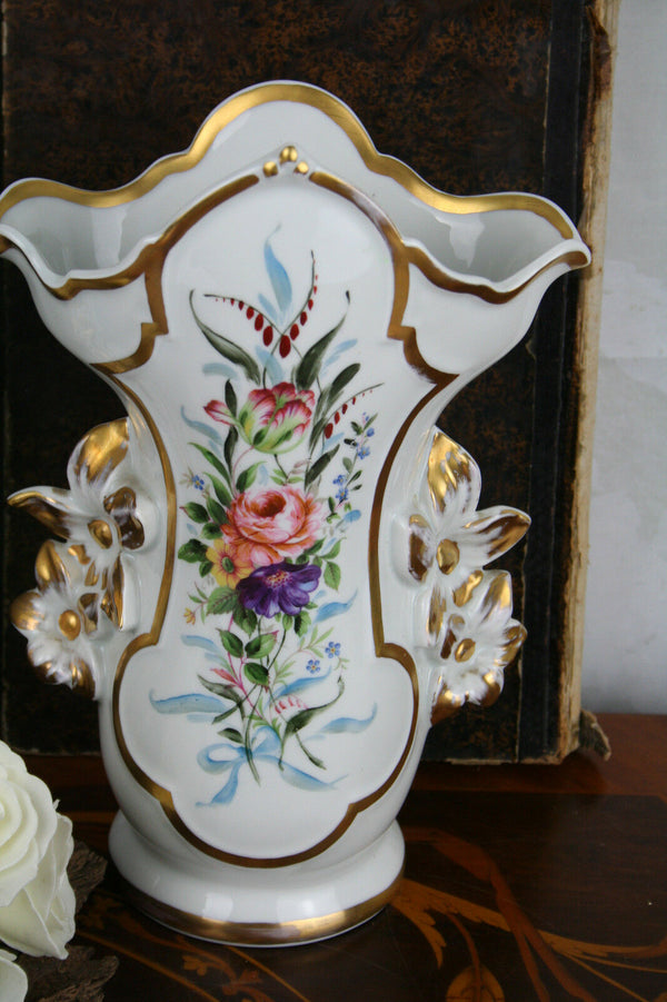 PAIR exclusive French Paris porcelain Cornet Vases 1900 floral