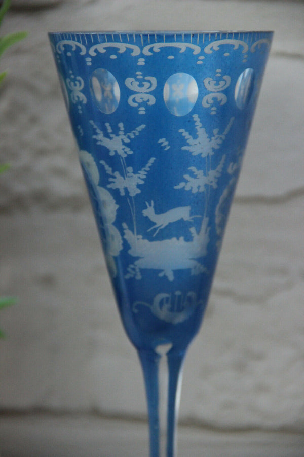 Antique Bohemia Blue glass deer hunting theme 1950