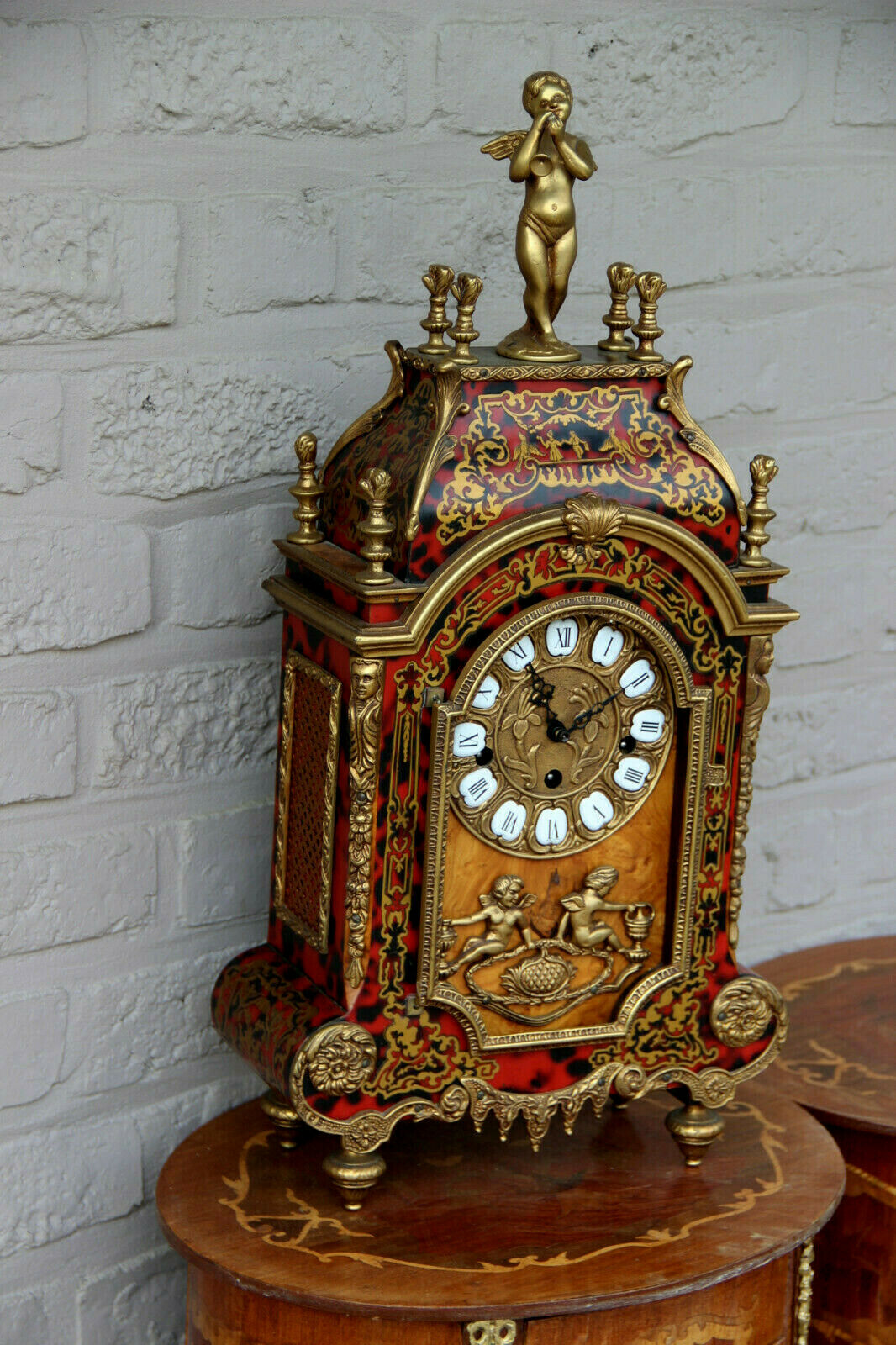 Stunning XL French boulle cartel bronze  putti figurine mantel clock