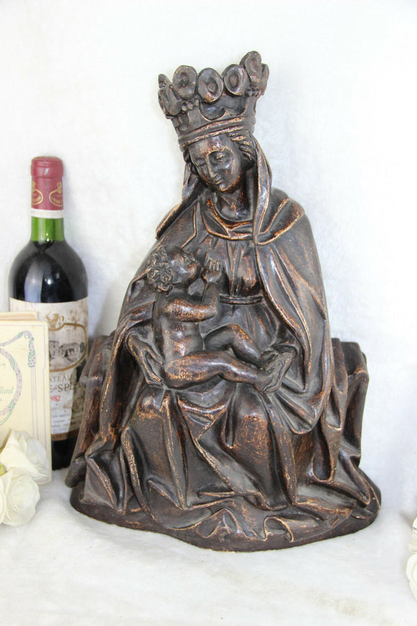 Large French antique Chalkware madonna with child religious statue