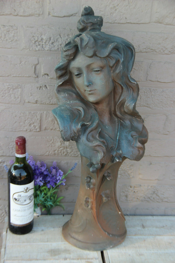 XL Antique french terracotta Art nouveau Lady Bust Statue sculpture marked