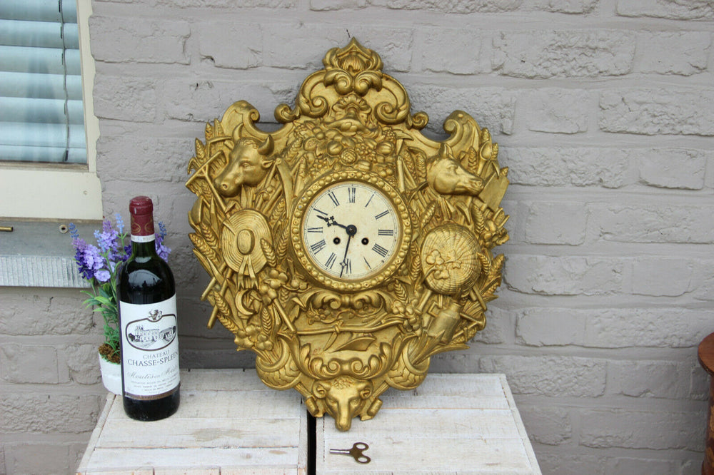 Antique Cast iron Farm animals Horse cow goat wheat gold gilt wall clock rare
