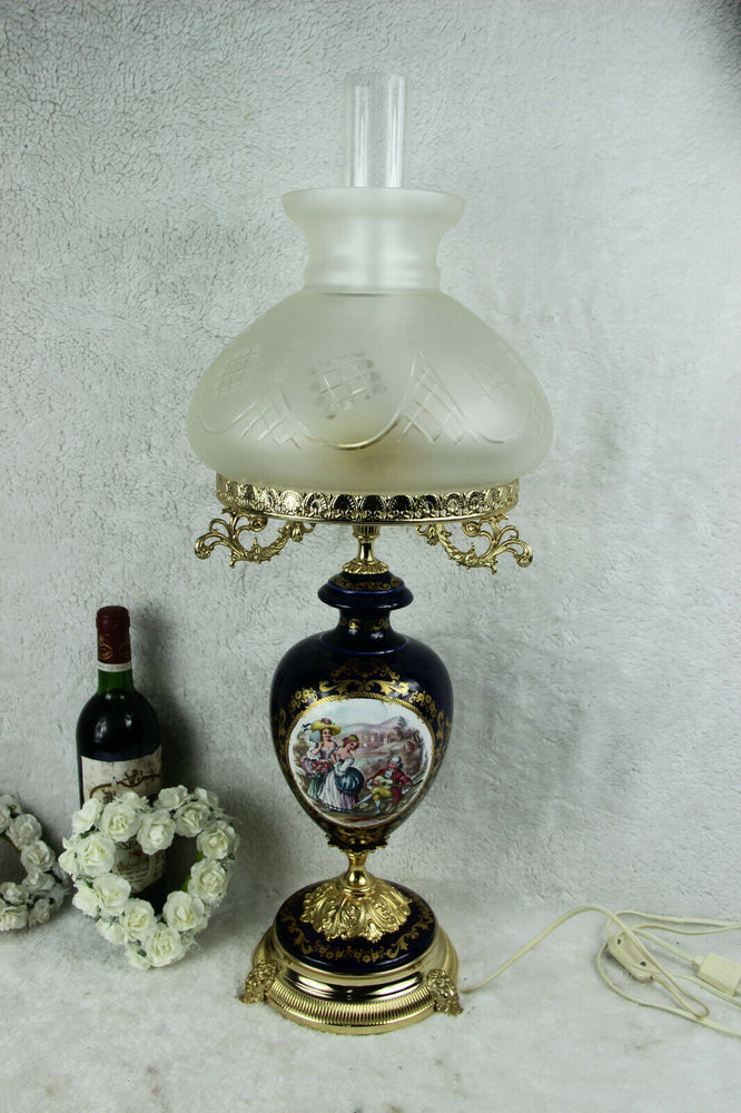 XL French limoges porcelainTable lamp glass shade 1960