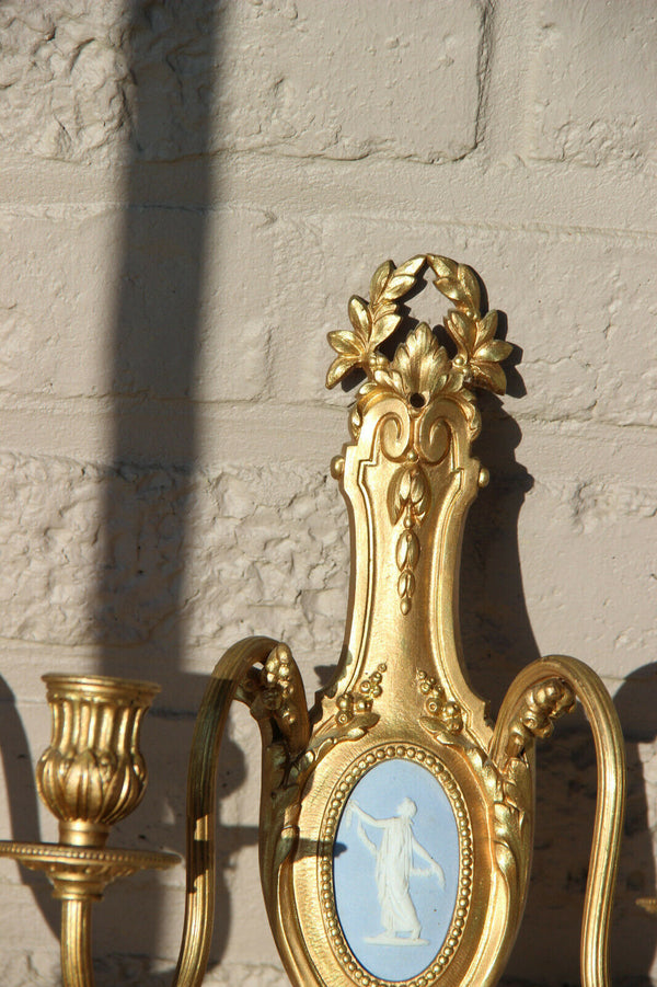 PAIR antique French brass Wall lights sconces Wedgwood porcelain plaques
