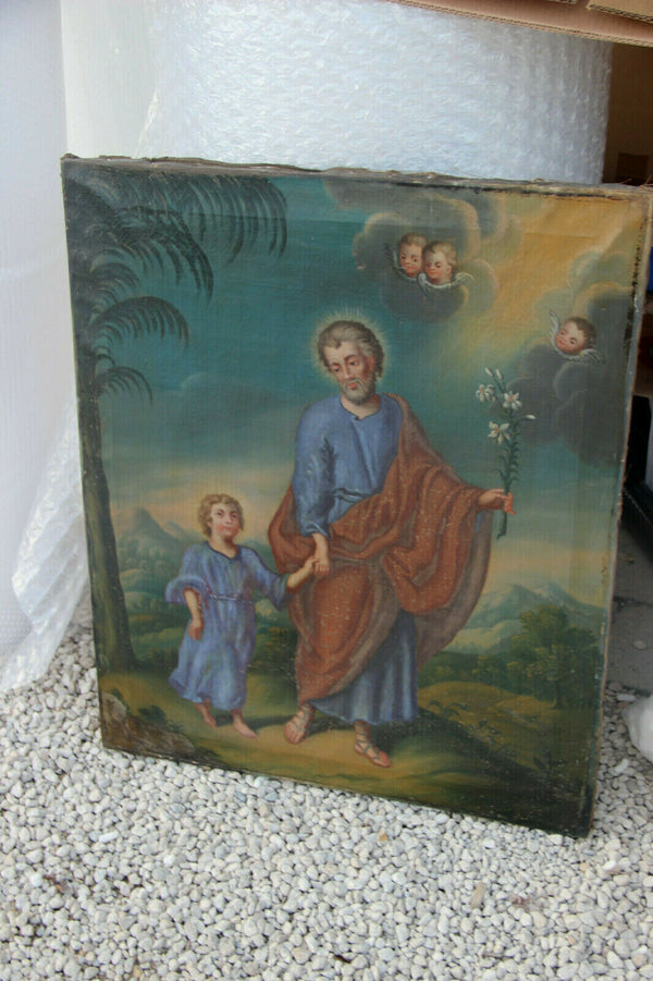 Antique Religious oil canvas painting jesus child joseph angels putti
