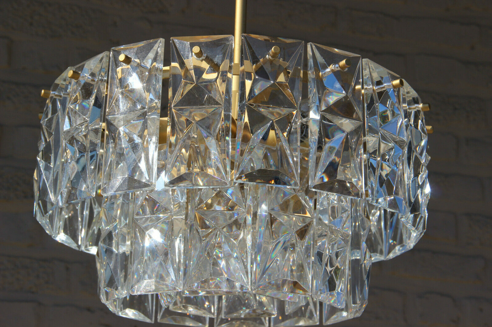German Mid-Century 3 tier 36 Faceted Crystal glass disc Chandelier by Kinkeldey