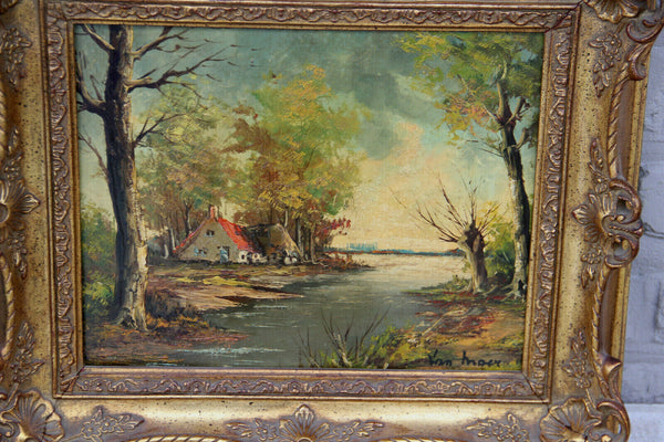 Vintage flemish oil panel painting signed 1970s house at waterfront
