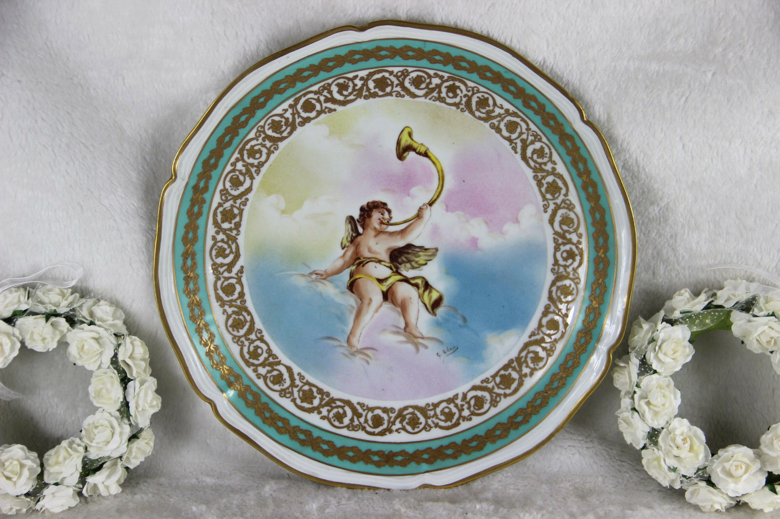 Antique Limoges French porcelain putti cherub hand paint signed Plate