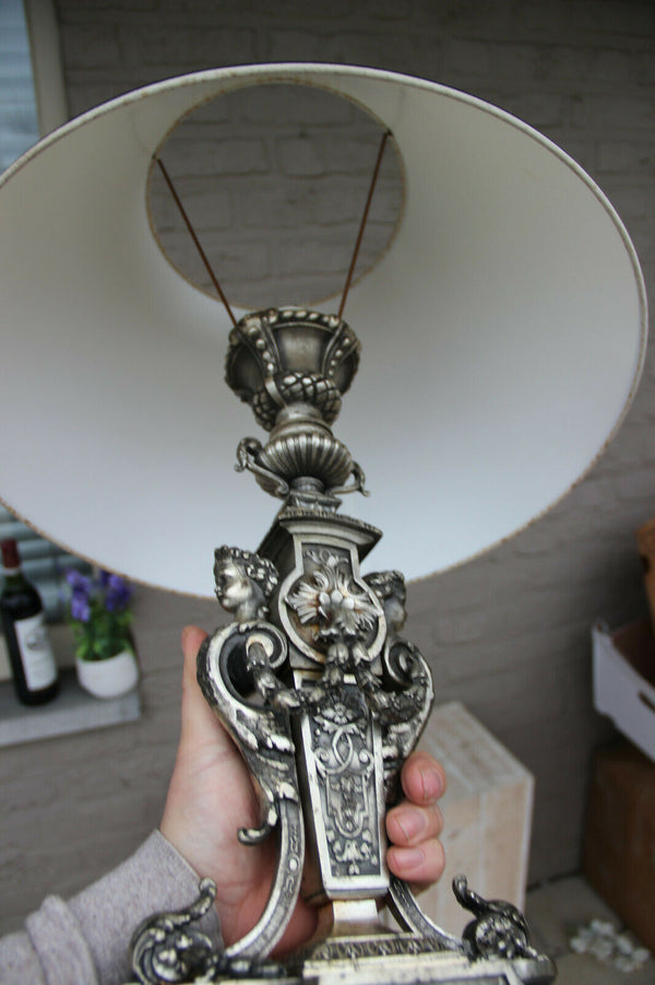 French Vintage bronze silver patina Caryatid angel cherub winged figurines lamp