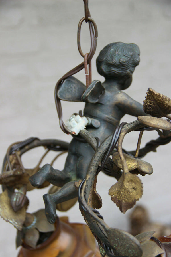 Antique french bronze putti angel 2 arm pendant lamp chandelier rose bush rare