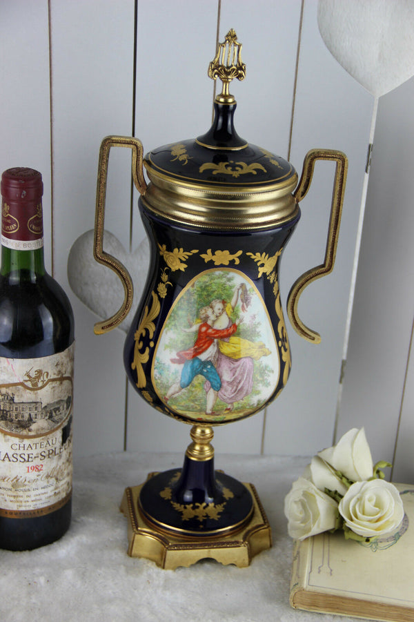 French Limoges cobalt blue porcelain marked Lidded Vase romantic victorian scene