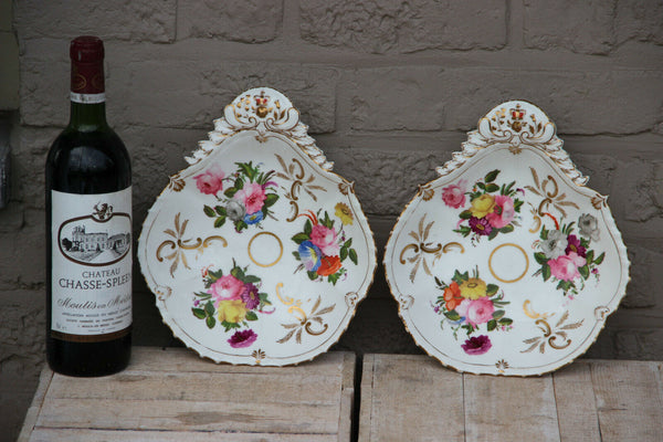 PAIR antique vieux paris old porcelain floral hand paint OYSTER plates
