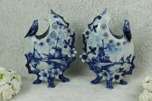 PAIR Delft blue white pottery Bird Floral Mill landscape Vases figurines