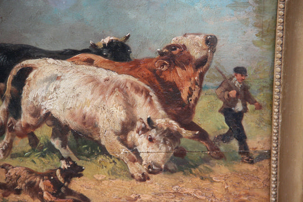Antique oil on panel HENRY SCHOUTEN painting farmer and his dog bulls signed