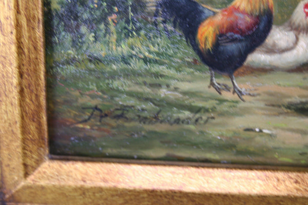 Flemish school oil panel chicken painting 1950's signed