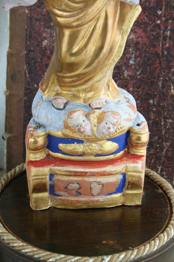 French rare polychrome 19thc Religious terracotta madonna statue glass dome
