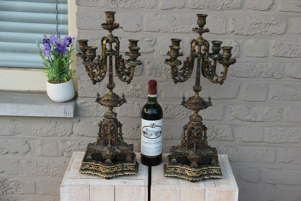 PAIR french antique Bronze putti dragon gothic castle candelabras candle holder