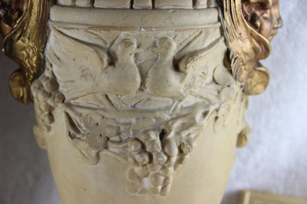 PAIR XL Chalkware French antique VASES putti heads birds decor marked