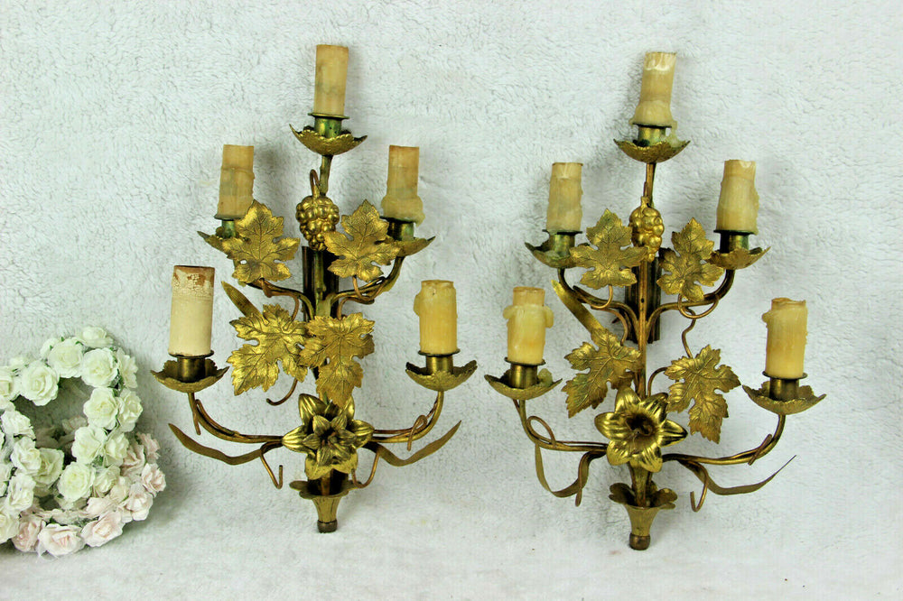 Antique Religious church french wall lights sconces brass metal flowers