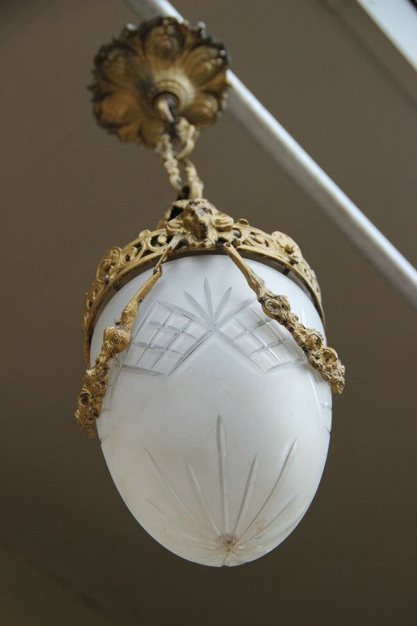 Antique brass crystal glass Val saint lambert shade Ram heads lantern chandelier