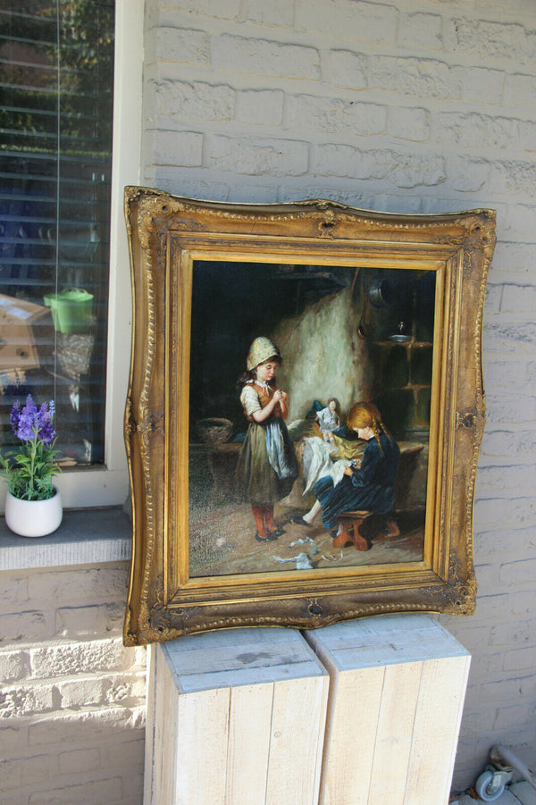 Stunning Flemish kids playing doll interior oil canvas vintage painting 1970s