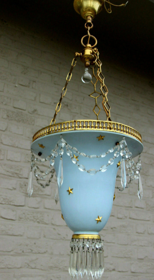 Vintage French 1980 pendant lantern chandelier  stars pendant glass drops
