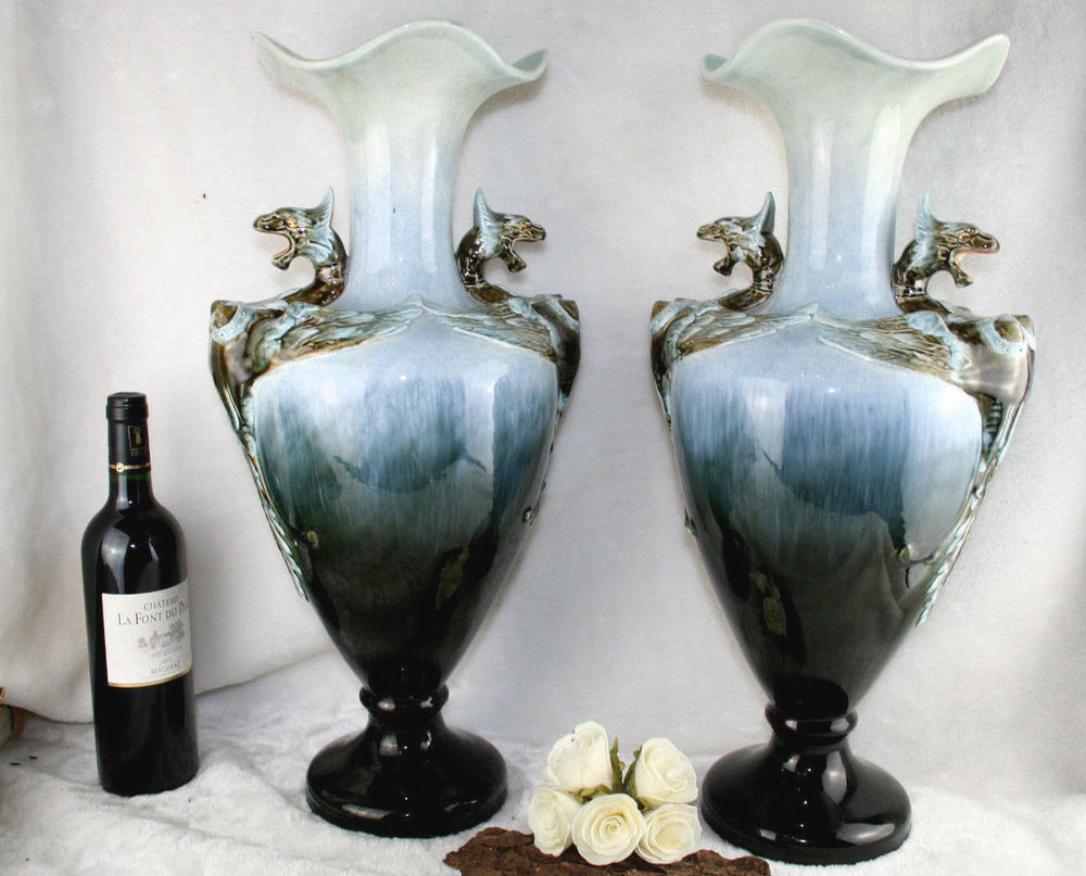 XL unusual PAIR French BARBOTINE majolica Art nouveau 1900 Dragon Vases marked