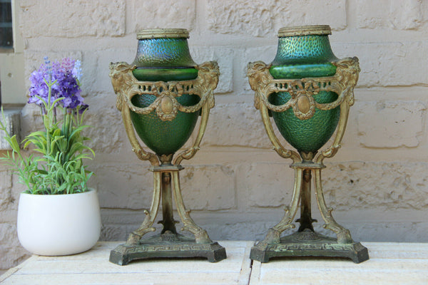 PAIR antique French Vases urns LOETZ green opalescent glass ram heads