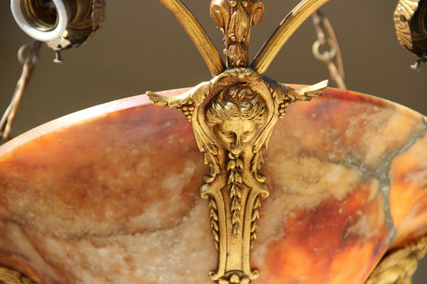 Antique French alabaster amber bowl Caryatid bronze portrait head chandelier