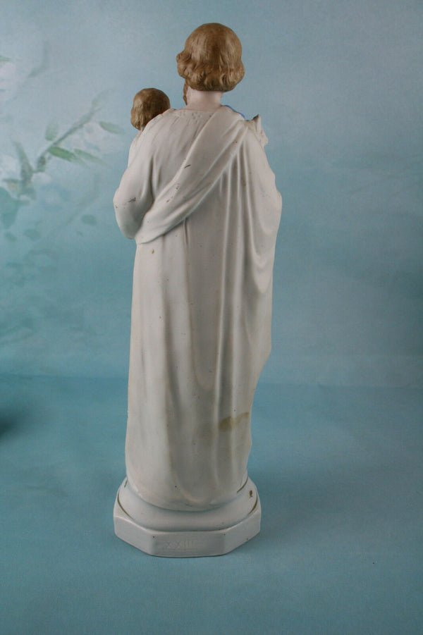 Large French Biscuit Holy Saint Joseph child Jesus statue figurine pastel blue