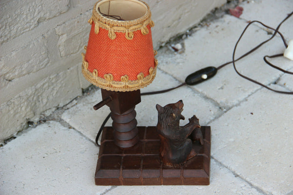 Antique black Forest Wood carved Bear mom Baby Table lamp German 1920s