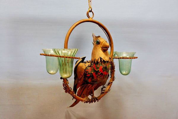 Unusual Rare Copper Parrot Bird glass figurine chandelier lamp French 1950's