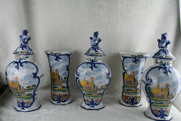 RARE antique dutch Mantle garniture Set 5 Pottery Delft polychrome Vases