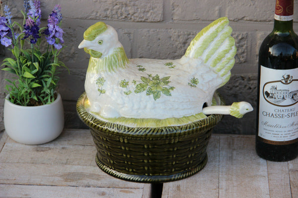 Vintage French large porcelain Barbotine Chicken soup tureen spoon salad