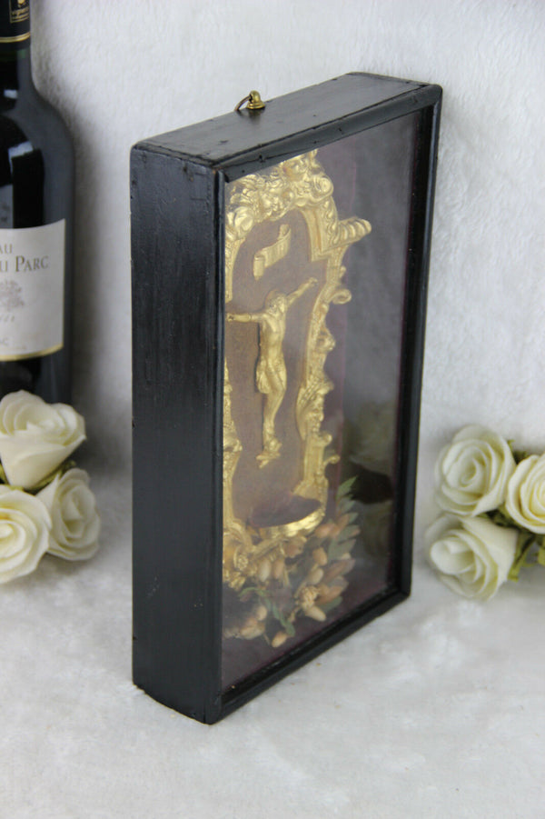 Antique french Napoleon III Crucifix holy font framed glass religious relic