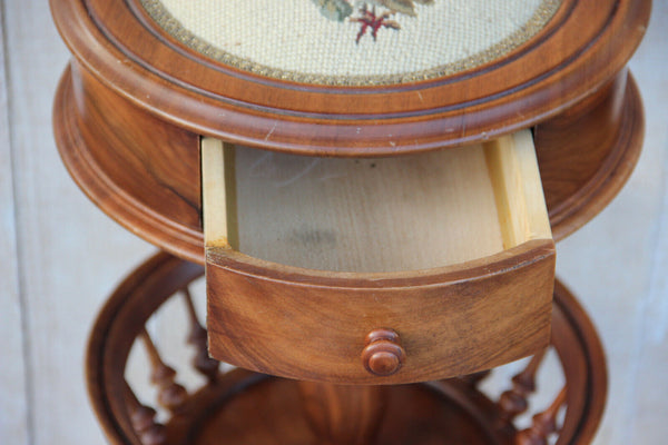 Stunning Vintage wood French Sewing Table stand needlepoint Floral top Drawer