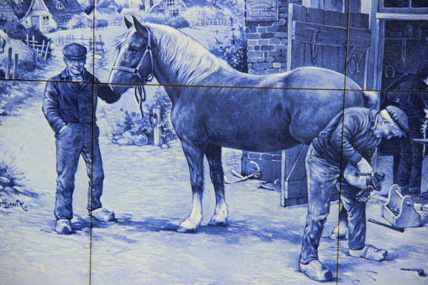 Vintage DELFT blue white pottery tiles panel plaque frame farrier horses