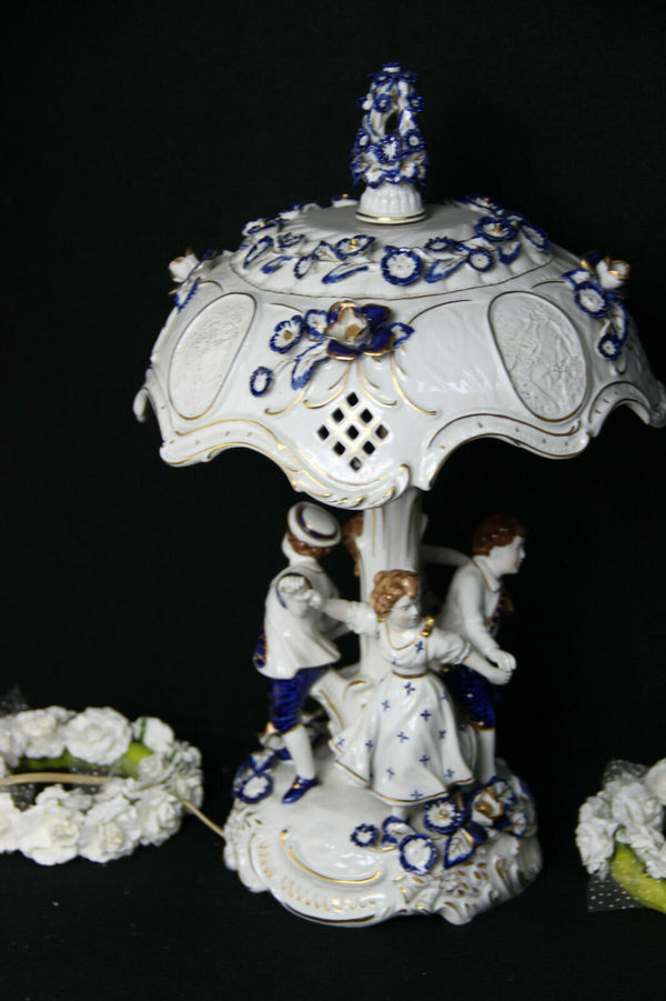 German PLAUE schierholz porcelain Lamp group figurines dancing blue white signed