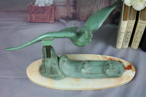 ART Deco 1930's French Metal green patinated Bird on onyx base sculpture