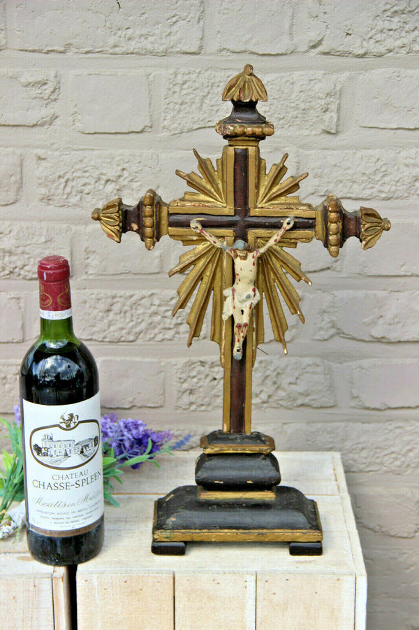 Rare Large Antique 1800s French wood carved religious crucifix Cross