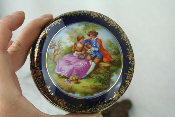 French limoges Cobalt blue porcelain Victorian scene bonbonniere box marked
