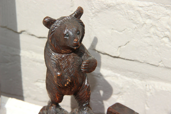 Antique hand Black forest wood carved swiss bear statue ashtray