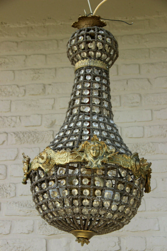 French vintage basket empire caryatid head portrait chandelier lamp n1 1970