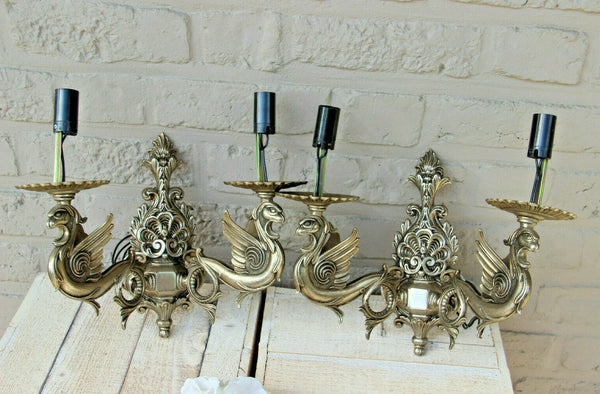 PAIR vintage Brass silver patina Dragon gothic castle sconces wall lights 1960