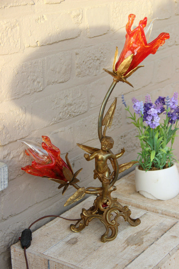 French Vintage bronze putti table lamp red Murano glass shades