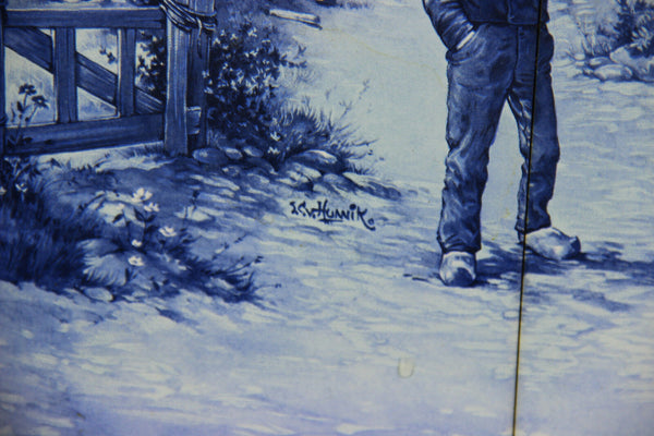 Vintage DELFT blue white pottery tiles panel plaque frame farrier horses