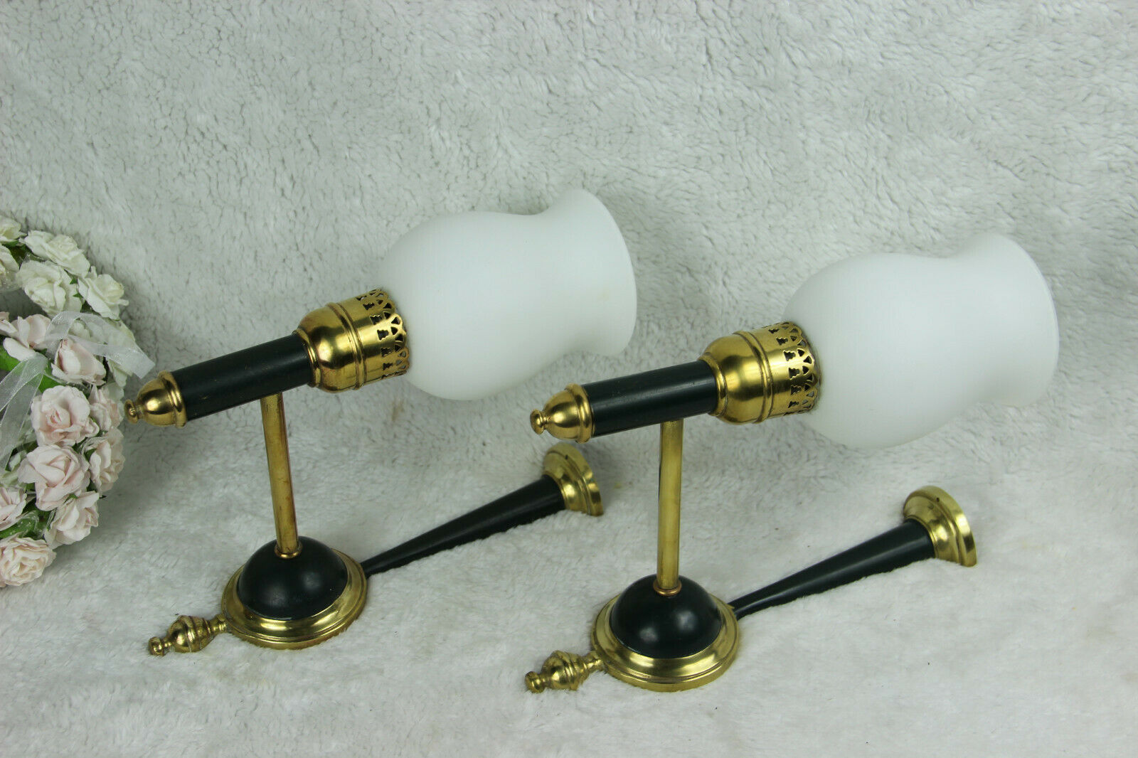 PAIR maison lunel arlus wall lights sconces opaline white glass shades 1970